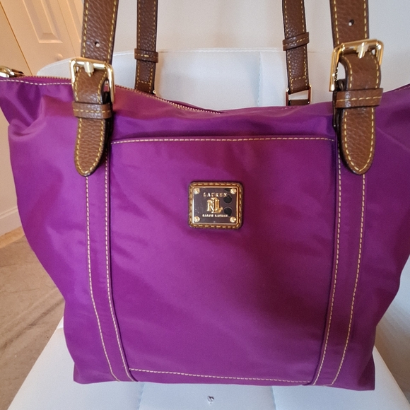 Ralph Lauren Purple Magenta Nylon Tote Shoulder Bag With Brown Straps - Picture 2 of 10